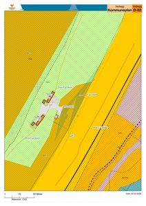 Situasjonsplan (tomtekart) som viser bygningers plassering i forhold til kommunale soner, vegger og grenser.