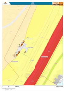 Støykart som viser støysoner (gul og rød), topografi (konturlinjer) og bygningers plassering i forhold til støykildene.