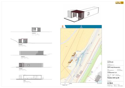 Et sammensatt arkitekttegningssett som viser situasjonsplan, fasadeoppsett (fra flere vinkler), snitt og en 3D-visualisering av en boligbygning.