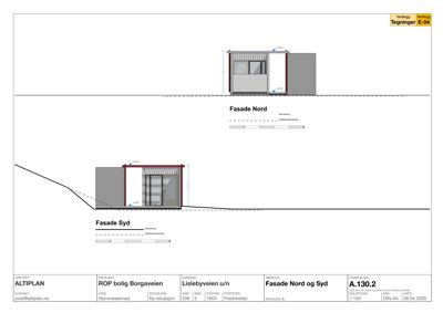 Fasadetegning som viser oppriss av bygningens nord- og sydfasade med mål og detaljer.