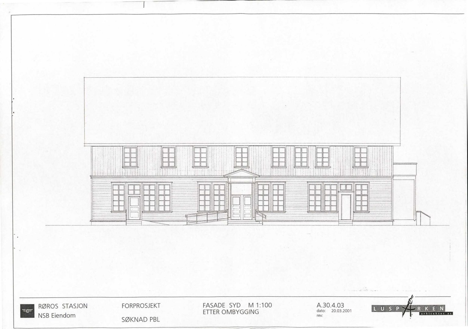 Fasadetegning (opprikk) av Røros stasjon sett fra sør etter ombygging.
