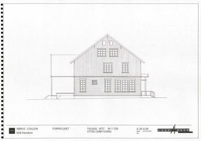 Fasadetegning (opprikk) av Røros stasjon sett fra vest etter ombygging.