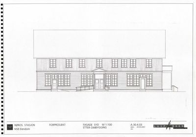 Fasadetegning (opprikk) av Røros stasjon etter ombygging, sett fra sør.