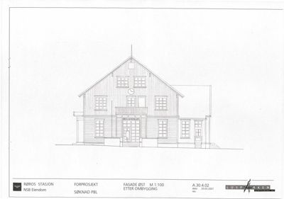 Fasadetegning (opprikk) av Røros stasjon sett fra øst etter ombygging.