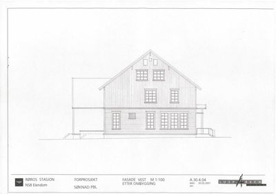 Fasadetegning (opprikk) av Røros stasjon sett fra vest, etter ombygging.