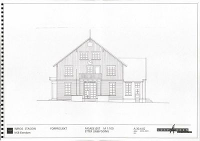 Fasadetegning (opprikk) av Røros stasjon sett fra øst etter ombygging.