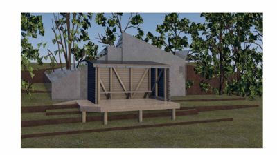 3D-visualisering av en bygning sett fra siden, med fokus på fasade, takform og omgivende terreng.