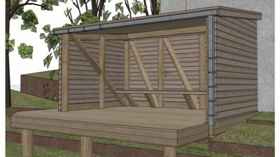 3D-visualisering av en liten hytte eller veranda med åpen konstruksjon, sett fra siden.