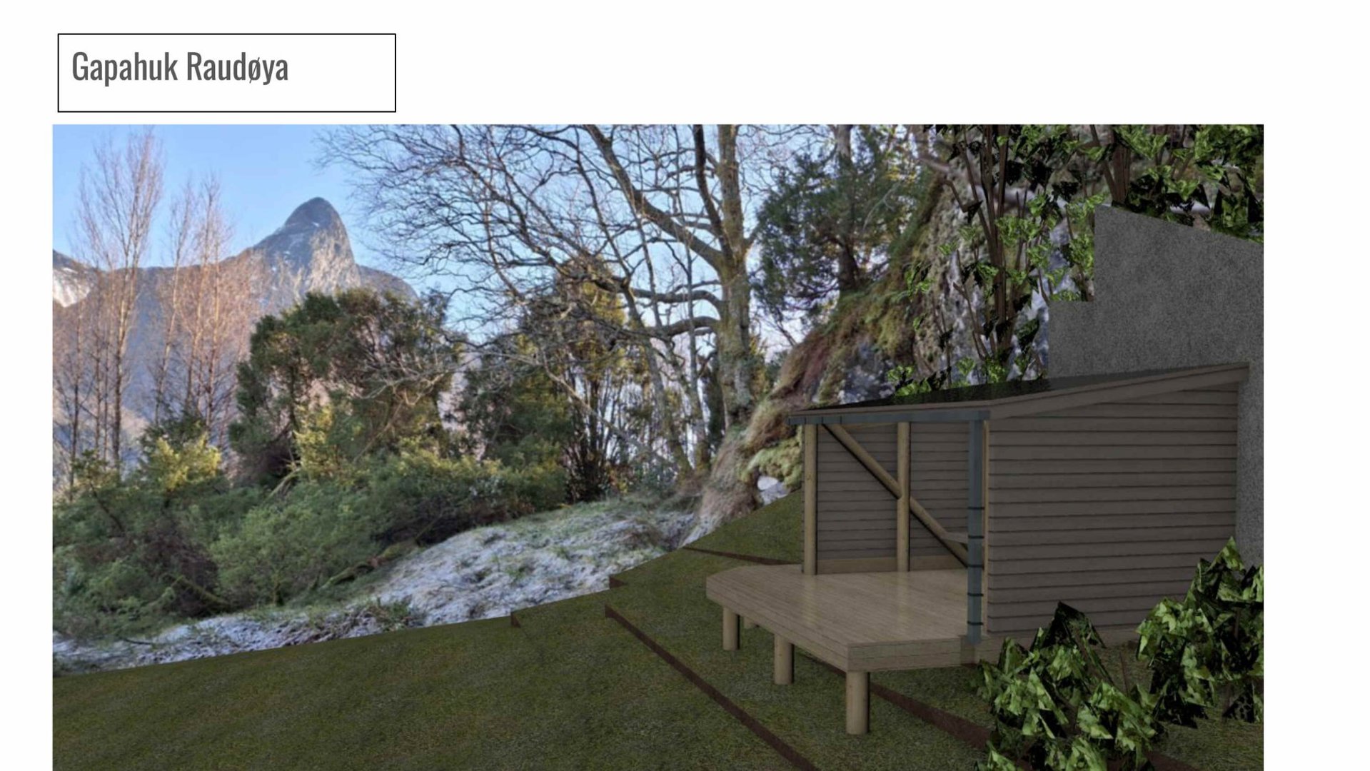 3D-visualisering av en hytte eller utbyggingsdel (Gapahuk Raudøya) sett fra utsiden, med omgivende natur.