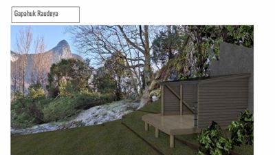 3D-visualisering av en hytte eller utbyggingsdel (Gapahuk Raudøya) sett fra utsiden, med omgivende natur.