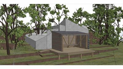 3D-visualisering av en bygning med en terrasse og omgivende natur.