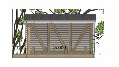 Fasadetegning (opprikk) av en liten bygning, sannsynligvis et uthus eller hytte, som viser frontveggens konstruksjon med tømmerbjelker og paneling. Tegningen inneholder mål på bredde (5009 mm), høyde (2266 mm) og en mindre dimensjon (928 mm).