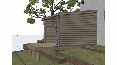 3D-visualisering av en utvendig konstruksjon (t.d. veranda eller hytte) med detaljert visning av materialer, terreng og omgivende vegetasjon.