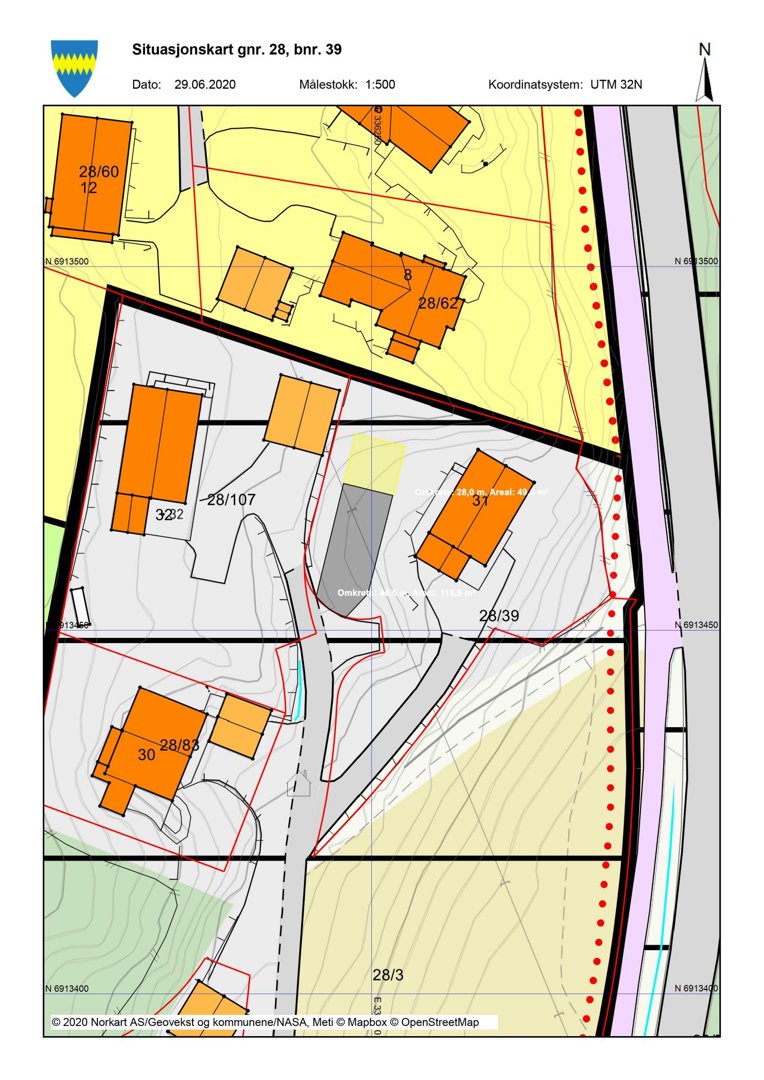 Situasjonskart som viser tomtens grenser, naboeiendommer og bygningers plassering.