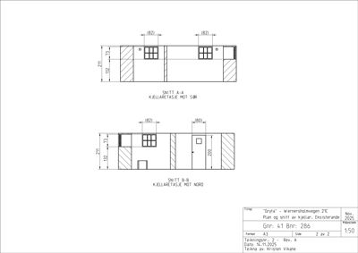 Snittegning av kjellertasjen mot sør og nord for bygningen 'Gryta'.