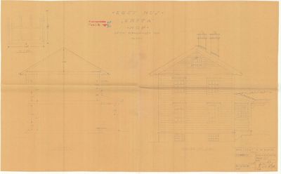 Fasadetegning av et hus med oppriss (venstre) og fasadeutsnitt (høyre).