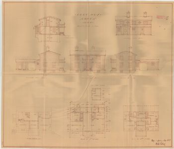 Et tegningsark som viser fasadeoppsett (fra fire sider) og etasjeplaner for en bygning.