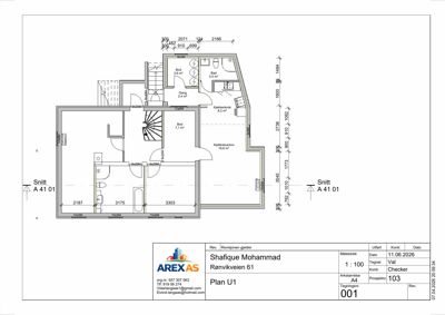 Etasjeplan (Plan U1) som viser romfordeling, dimensjoner og arealer for en bolig.