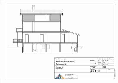 Snittegning (Snitt AA) som viser bygningens tverrsnitt, høyder og romfordeling.