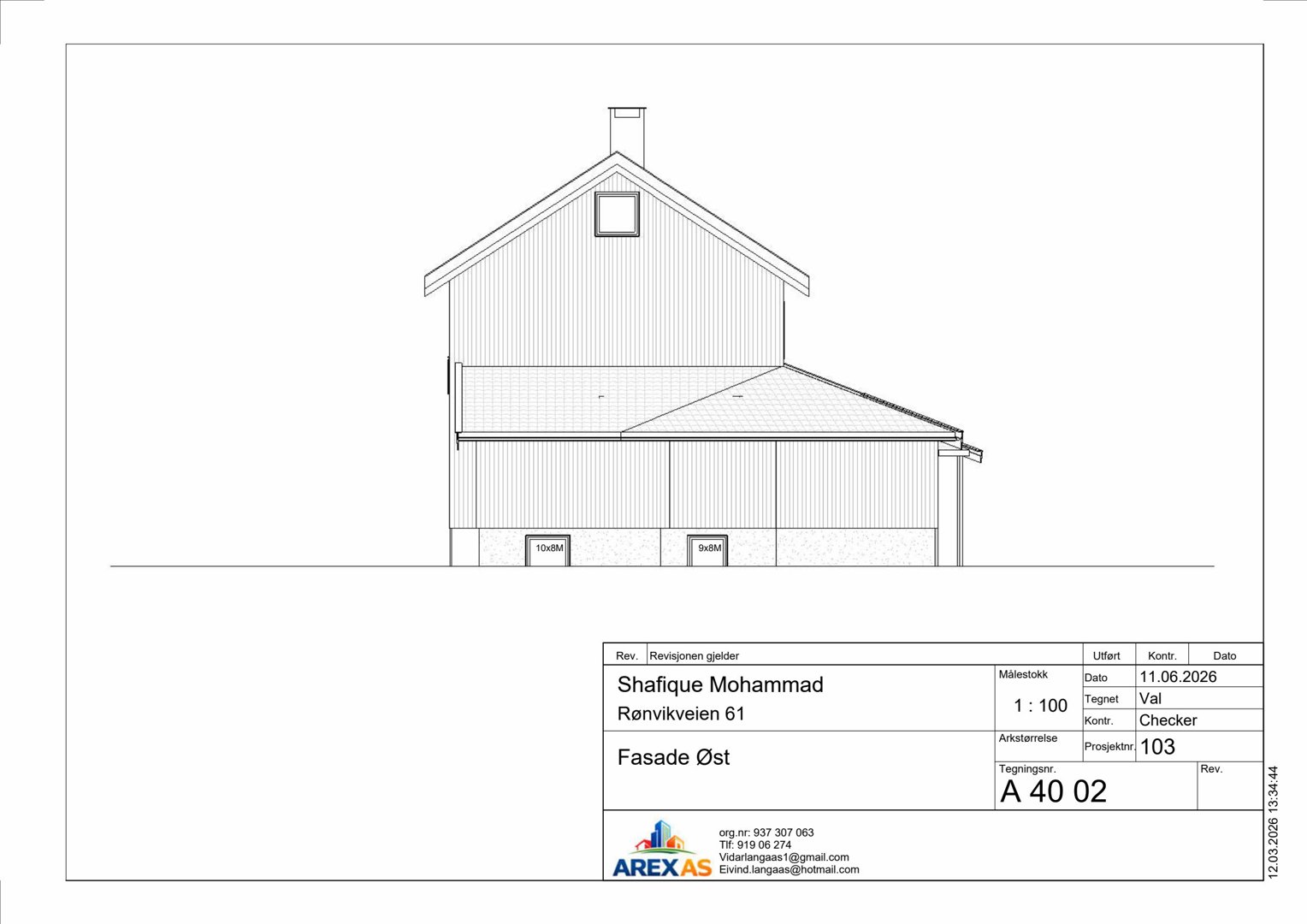Fasadetegning (opprikk) av en bygning sett fra øst, med tegningsnummer A 40 02.