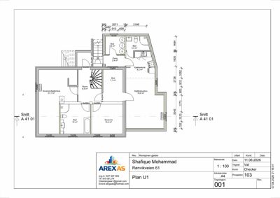 Etasjeplan (Plan U1) som viser romfordeling, mål og snittlinjer for en bolig.