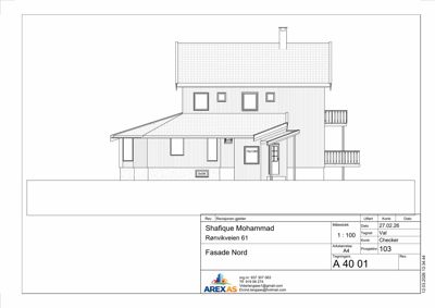 Fasadetegning av en bolig sett fra nord (Fasade Nord). Tegningen viser bygningens utseende, takform, vinduer, balkonger og konstruksjonsdetaljer.
