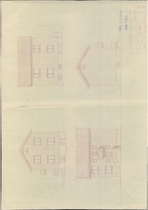 Bildet viser en tegning med fire fasader (opp- og tverrsnitt) av et hus, inkludert vinduer, takform og detaljer som skorstein og trapp.