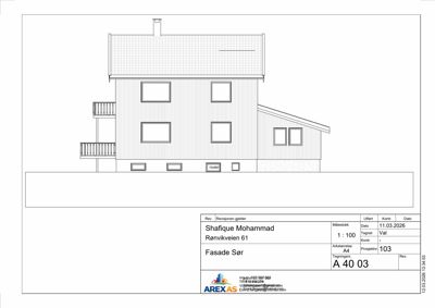 Fasadetegning (opprikk) av bygning sett fra sør.