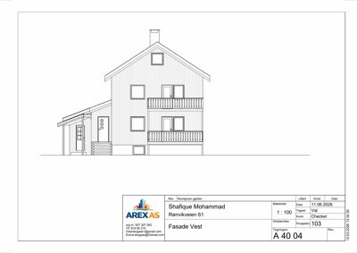Fasadetegning av en bygning sett fra vest.