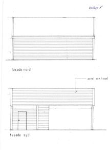 Tegning som viser fasade nord og fasade syd for en bygning, med detaljer om panel og hoved.