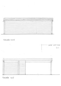 Tegning som viser fasade nord og fasade syd for en bygning, med notater om panel og kvs.