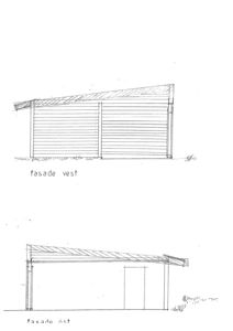 Tegning som viser fasadevest og fasadeøst for en bygning.
