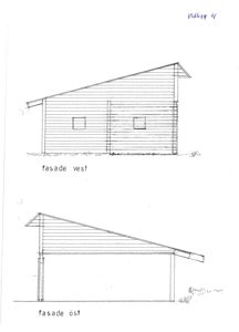 Tegning som viser fasade vest og fasade øst for en bygning.