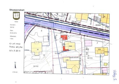 Situasjonskart som viser eiendomsinndeling, bygningers plassering og tomtegrenser.
