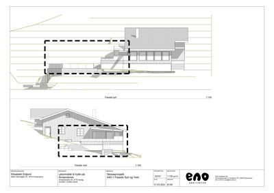 Tegning som viser fasadeopprikk for en hytte sett fra syd og vest.