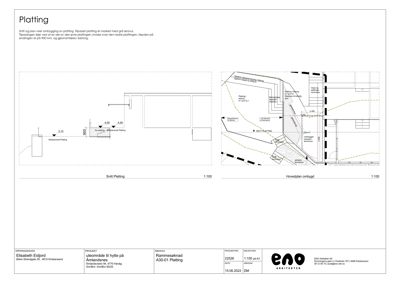 Bildet viser en snittegning (Snitt Platting) og en hovedplan (Hovedplan ombyggt) for en byggesak. Det er tegninger med mål og detaljer.