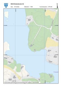 Kart over området med Amlandsveien 94, inkludert nabolag, topografi og veioppsett.