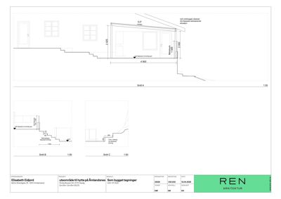 Snittegning (Snitt A, B og C) som viser tverrsnittet av en hytte, inkludert høyder, trappetrinn og takkonstruksjon.