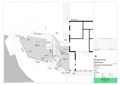 Situasjonsplan som viser tomtens grenser, bygningers plassering, avstander til naboeiendom og detaljer om utvendige vegger og hekk.