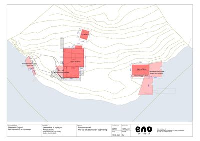 Situasjonsplan som viser tomtens form, terrengforhold (konturlinjer), eksisterende og planlagt bygninger med arealopplysninger, samt tilknyttede veier og vannmasser.