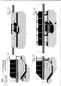 Fasadetegning som viser bygningens utsyn fra alle fire sider (Nord, Sør, Vest, Øst) med detaljer om takform, vinduer og fasadematerialer.