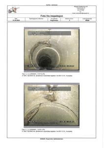 Fotografier fra en inspeksjon av et sprukket rør i en teglsteinmur.