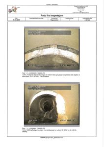 Dokumentasjon fra en inspeksjon av en betongrør, som viser rørets indre og ytterkant.