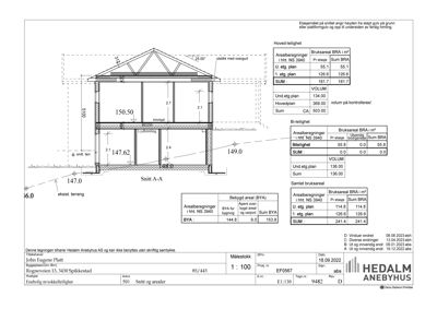 Snittegning (Snitt A-A) av en bolig med mål og arealberegninger