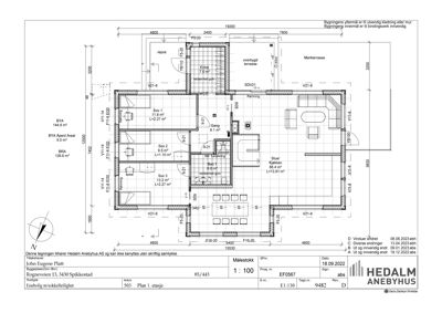 Etasjeplan (Plan 1. etasje) som viser romfordeling, mål og funksjoner i en bolig.