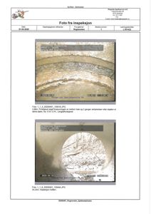 Fotografier fra en inspeksjon av et septiktank-innretningsrør, inkludert tekster om inspeksjonsdato og -sted.