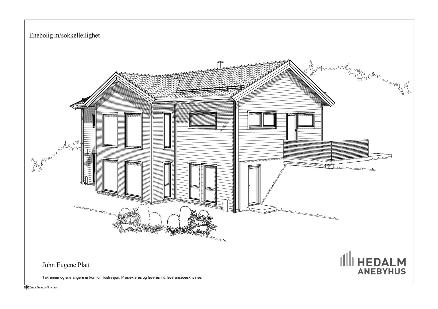 En 2D-illustrasjon eller tegning av en enebolig sett fra utsiden, som viser fasade og omgivelser.