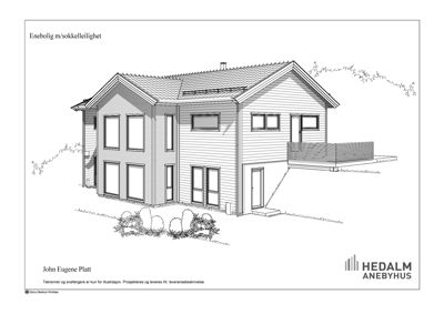 En 2D-illustrasjon eller tegning av en enebolig sett fra utsiden, som viser fasade og omgivelser.