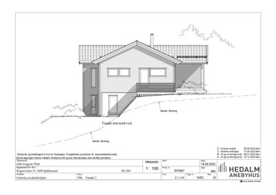 Fasadetegning av en bolig sett fra nord-vest med terrengforhold.