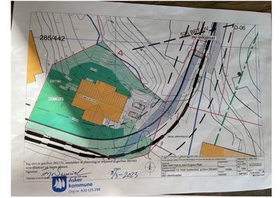 Situasjonsplan som viser tomtens grenser, bygningsfot, vegforhold og andre planleggingsdata.